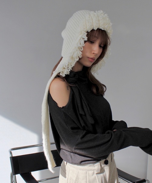 SANSeLF（サンセルフ）の「バラクラバニットフード【SANSeLF】sana24a001（ニットキャップ/ビーニー・レディース・グレー/ホワイト・FREE）」の4枚目の写真