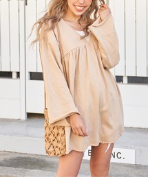 Vネック 裏毛 フレアスリーブ スウェット ミニワンピース