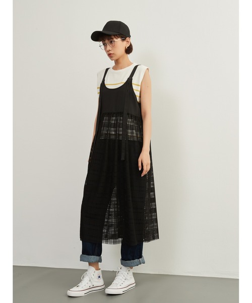 On One's Own(オンワンズオン)の「On One's Own チェックレース・異素材ドッキング・レイヤード・シアーキャミワンピ(ジャンパースカート・レディース・ブラック/オリーブ・FREE)」の7枚目の写真