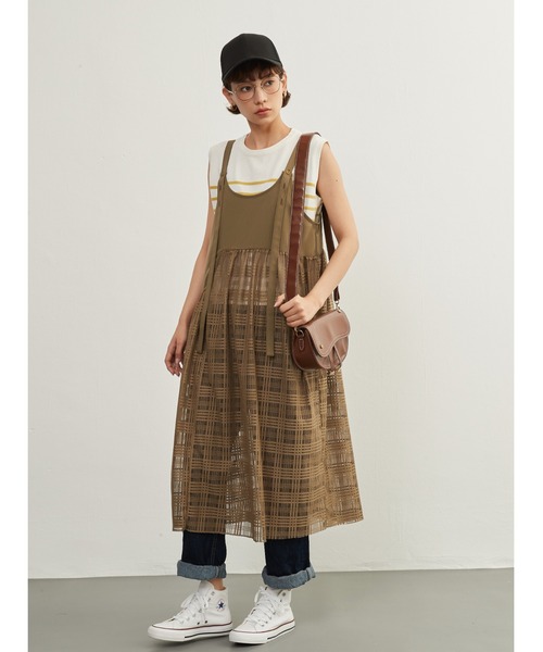 On One's Own(オンワンズオン)の「On One's Own チェックレース・異素材ドッキング・レイヤード・シアーキャミワンピ(ジャンパースカート・レディース・ブラック/オリーブ・FREE)」の12枚目の写真