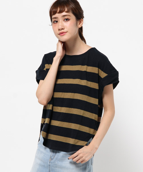 CIAOPANIC(チャオパニック)の「【Ciaopanic】 綿麻ボーダーオフショルダーTee(Tシャツ/カットソー・レディース・ホワイト/ネイビー・FREE)」の2枚目の写真