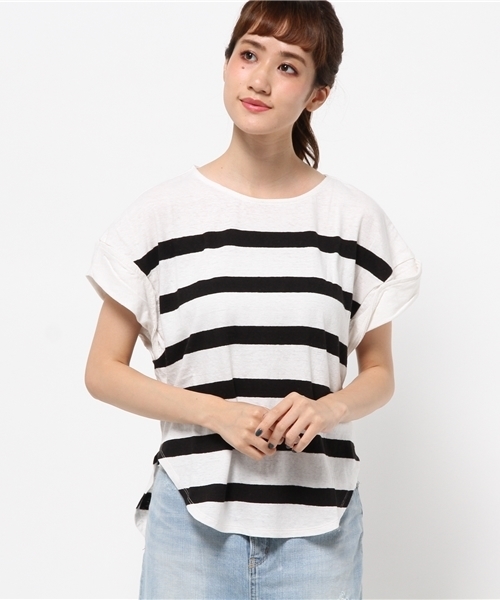 CIAOPANIC(チャオパニック)の「【Ciaopanic】 綿麻ボーダーオフショルダーTee(Tシャツ/カットソー・レディース・ホワイト/ネイビー・FREE)」の1枚目の写真