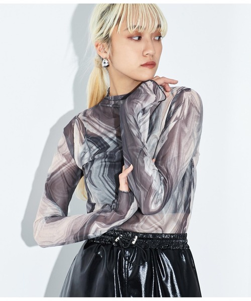 Settimissimo（セッティミッシモ）の「メッシュ ニュアンス柄 ボトルネック プルオーバー（Tシャツ/カットソー・レディース・ダークグレー/グリーン・FREE）」の3枚目の写真