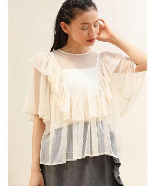 ESCAR（エスカー）の「■ESCAR　ドットチュールフレアヨークプルオーバー（Tシャツ/カットソー・レディース・ブラック/アイボリー・FREE）」の3枚目の写真