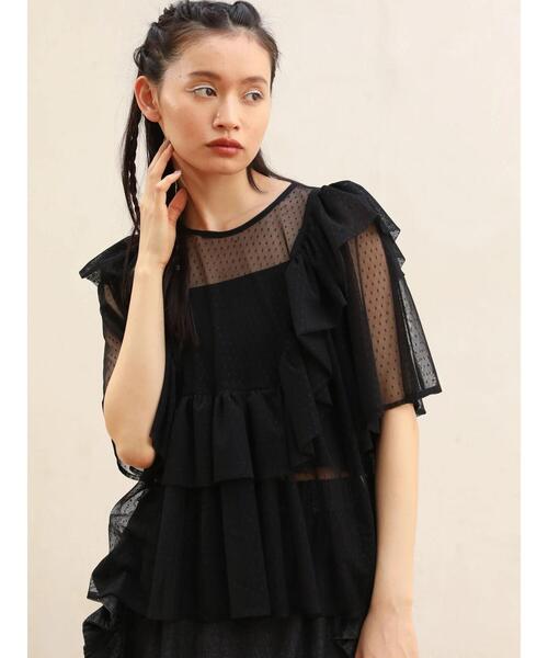 ESCAR（エスカー）の「■ESCAR　ドットチュールフレアヨークプルオーバー（Tシャツ/カットソー・レディース・ブラック/アイボリー・FREE）」の4枚目の写真