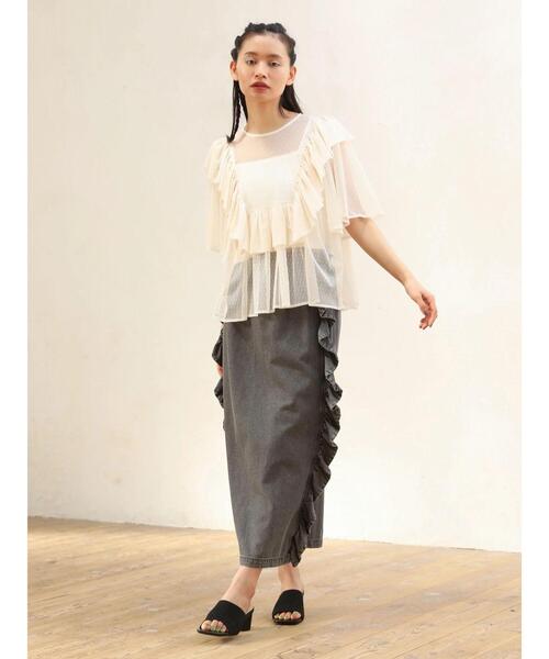 ESCAR（エスカー）の「■ESCAR　ドットチュールフレアヨークプルオーバー（Tシャツ/カットソー・レディース・ブラック/アイボリー・FREE）」の5枚目の写真