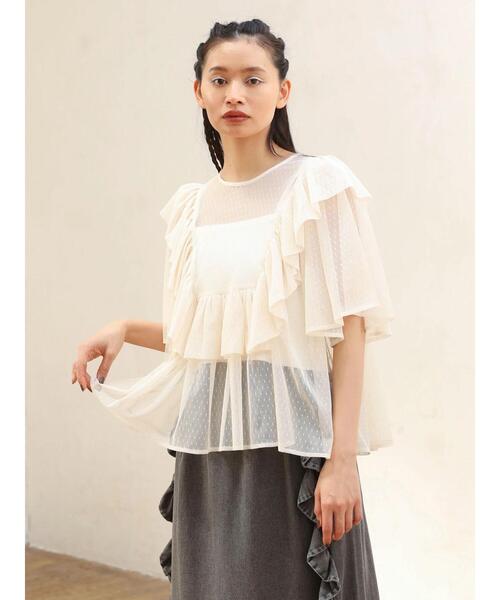 ESCAR（エスカー）の「■ESCAR　ドットチュールフレアヨークプルオーバー（Tシャツ/カットソー・レディース・ブラック/アイボリー・FREE）」の8枚目の写真