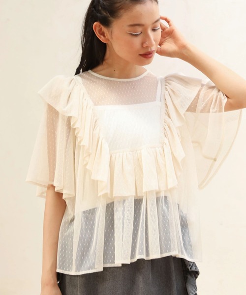 ESCAR（エスカー）の「■ESCAR　ドットチュールフレアヨークプルオーバー（Tシャツ/カットソー・レディース・ブラック/アイボリー・FREE）」の2枚目の写真