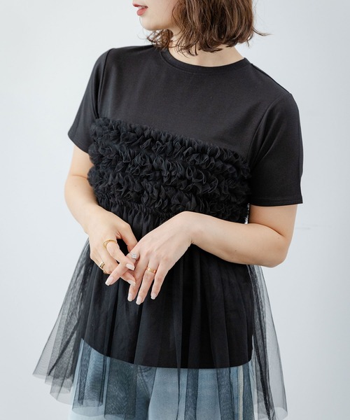 rectangle(レクタングル)の「チュールフリルドッキングTシャツ(Tシャツ/カットソー・レディース・ブラック/オフホワイト/グレー・FREE)」の10枚目の写真