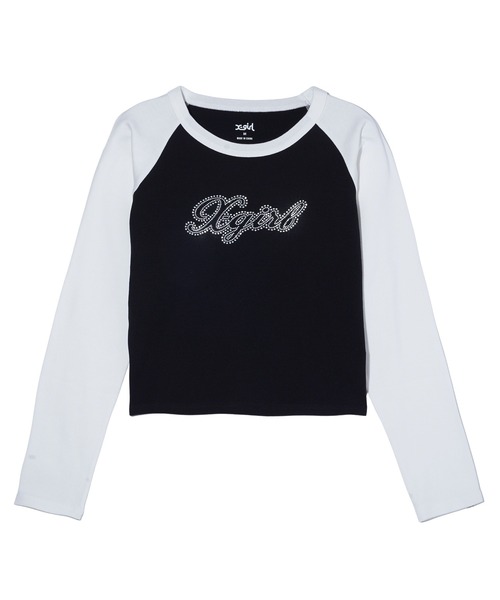 tシャツ BI COLOR RHINESTONE LOGO RAGLAN L/S BABY TEE レディース X-girl（エックスガール）の「RHINESTONE SCRIPT LOGO L/S
