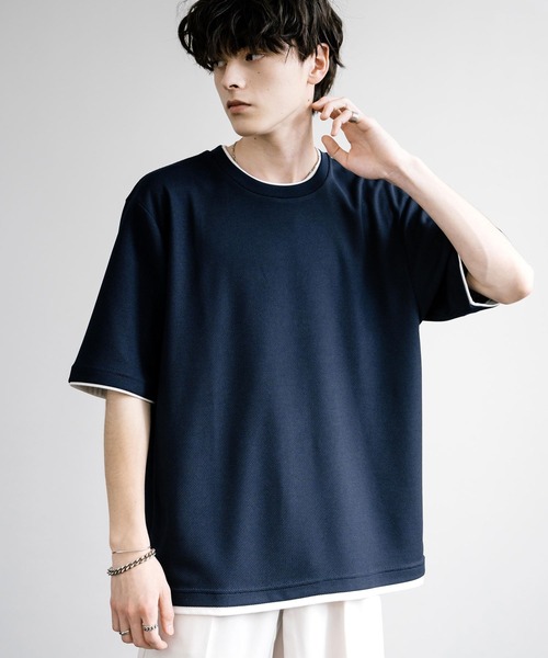Rocky Monroe(ロッキーモンロー)の「カノコDF フェイクレイヤードクルーネック半袖Tシャツ(Tシャツ/カットソー・メンズ・アイボリー/スミクロ/ライトグレー/ネイビー/サックスブルー/オレンジ・M/L/LL)」の1枚目の写真
