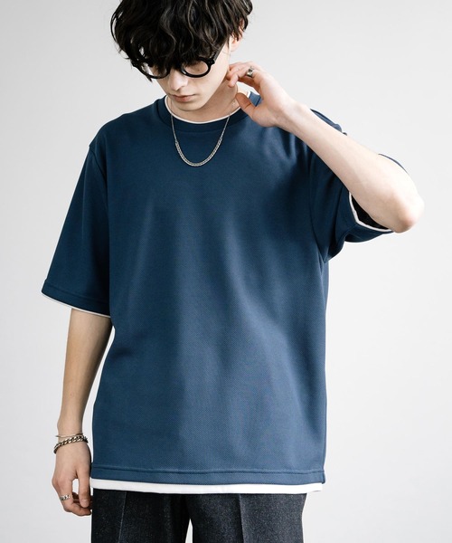 Rocky Monroe(ロッキーモンロー)の「カノコDF フェイクレイヤードクルーネック半袖Tシャツ(Tシャツ/カットソー・メンズ・アイボリー/スミクロ/ライトグレー/ネイビー/サックスブルー/オレンジ・M/L/LL)」の5枚目の写真
