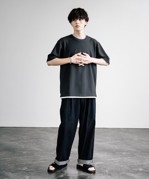 Rocky Monroe(ロッキーモンロー)の「カノコDF フェイクレイヤードクルーネック半袖Tシャツ(Tシャツ/カットソー・メンズ・アイボリー/スミクロ/ライトグレー/ネイビー/サックスブルー/オレンジ・M/L/LL)」の22枚目の写真
