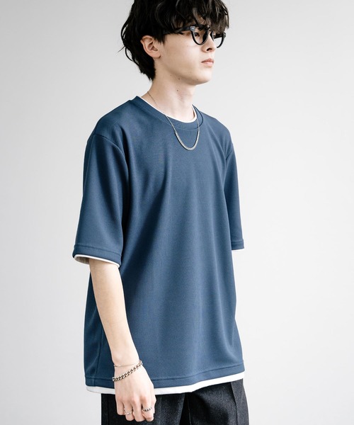 Rocky Monroe(ロッキーモンロー)の「カノコDF フェイクレイヤードクルーネック半袖Tシャツ(Tシャツ/カットソー・メンズ・アイボリー/スミクロ/ライトグレー/ネイビー/サックスブルー/オレンジ・M/L/LL)」の15枚目の写真