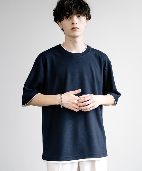 Rocky Monroe(ロッキーモンロー)の「カノコDF フェイクレイヤードクルーネック半袖Tシャツ(Tシャツ/カットソー・メンズ・アイボリー/スミクロ/ライトグレー/ネイビー/サックスブルー/オレンジ・M/L/LL)」の18枚目の写真