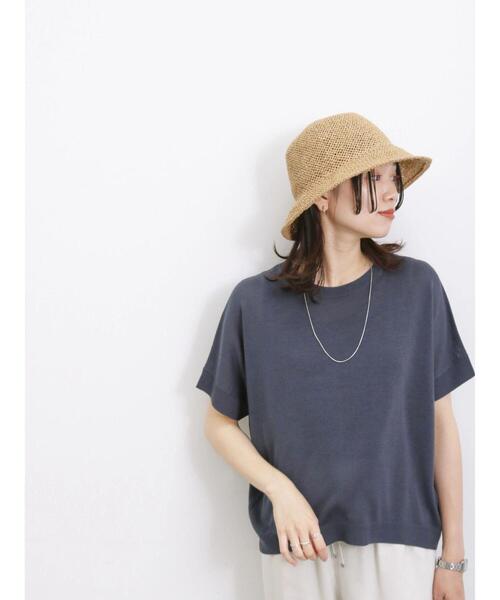 Samansa Mos2 blue（サマンサモスモスブルー）の「【マシンウォッシャブル】麻タッチニットドルマンプルオーバー（ニット/セーター・レディース・ネイビー/キナリ/ブラック・F）」の9枚目の写真