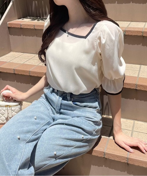 clear（クリア）の「配色キャンディースリーブブラウス［オフィスカジュアル 着回し抜群 大人］≪再入荷≫（シャツ/ブラウス・レディース・ブラック/ブルーグレー/アイボリー・F）」の2枚目の写真