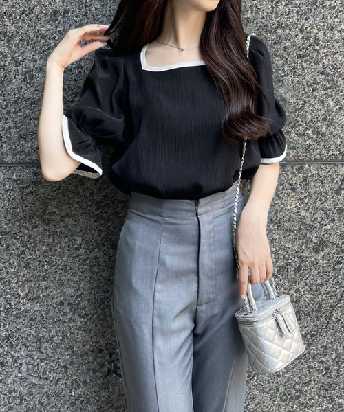 clear（クリア）の「配色キャンディースリーブブラウス［オフィスカジュアル 着回し抜群 大人］≪再入荷≫（シャツ/ブラウス・レディース・ブラック/ブルーグレー/アイボリー・F）」の3枚目の写真