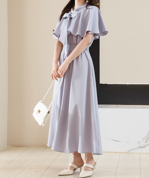 セール】ボウタイ付き ケープ風 フリルカラー フレア ワンピース