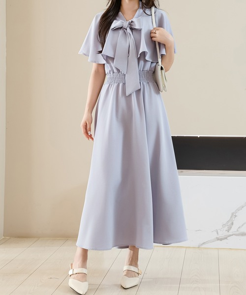 Lace Ladies(レースレディース)の「ボウタイ付き ケープ風 フリルカラー フレア ワンピース(ワンピース・レディース・ブラック/グレイッシュベージュ/ブルー・FREE)」の14枚目の写真