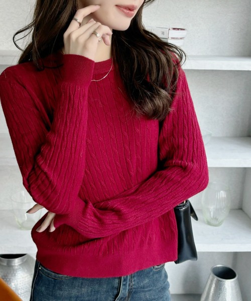 Ada.（エイダ）の「クルーネック コンパクト 長袖 ベーシック ケーブル ニット（ニット/セーター・レディース・ネイビー/ベージュ/グレー/アイボリー/ピンク/レッド/ブラック/ライトブルー・M/L）」の8枚目の写真