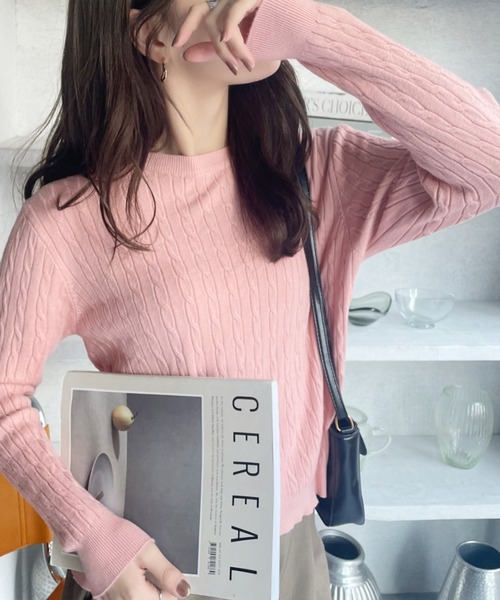 Ada.（エイダ）の「クルーネック コンパクト 長袖 ベーシック ケーブル ニット（ニット/セーター・レディース・ネイビー/ベージュ/グレー/アイボリー/ピンク/レッド/ブラック/ライトブルー・M/L）」の7枚目の写真