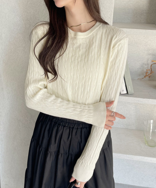 Ada.（エイダ）の「クルーネック コンパクト 長袖 ベーシック ケーブル ニット（ニット/セーター・レディース・ネイビー/ベージュ/グレー/アイボリー/ピンク/レッド/ブラック/ライトブルー・M/L）」の9枚目の写真