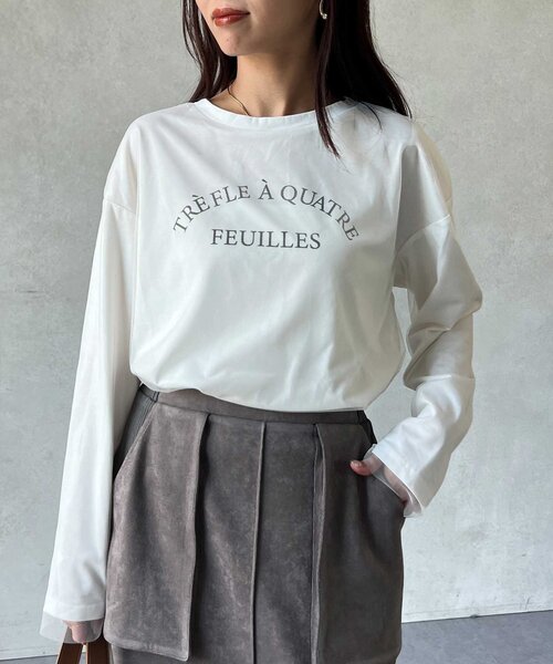 Chez toi(シェトワ)の「チュール重ねロゴロンT(Tシャツ/カットソー・レディース・チャコールグレー/オフホワイト/グレイッシュベージュ・FREE)」の4枚目の写真
