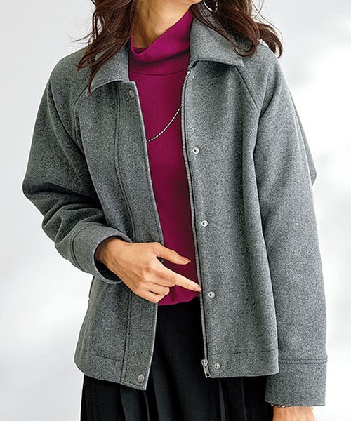 BELLUNA PLUS(ベルーナ)の「2way衿デザインウール調素材ジャケット(ブルゾン・レディース・杢グレー/アイボリー・MEDIUM/X-LARGE/LARGE)」の1枚目の写真