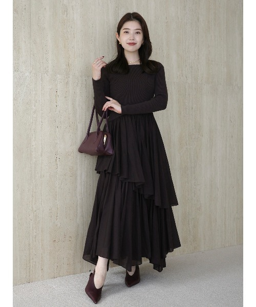 ボートネックイレギュラーヘムドッキングニットワンピース（ワンピース