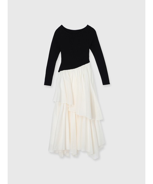 ボートネックイレギュラーヘムドッキングニットワンピース（ワンピース