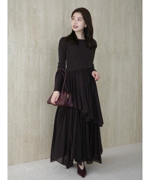 ボートネックイレギュラーヘムドッキングニットワンピース（ワンピース