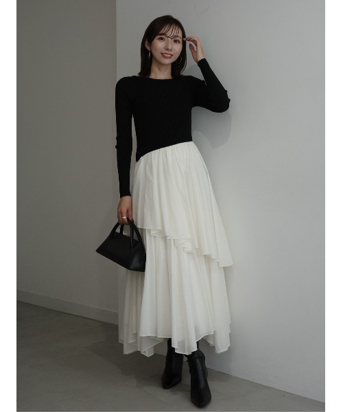 ボートネックイレギュラーヘムドッキングニットワンピース（ワンピース