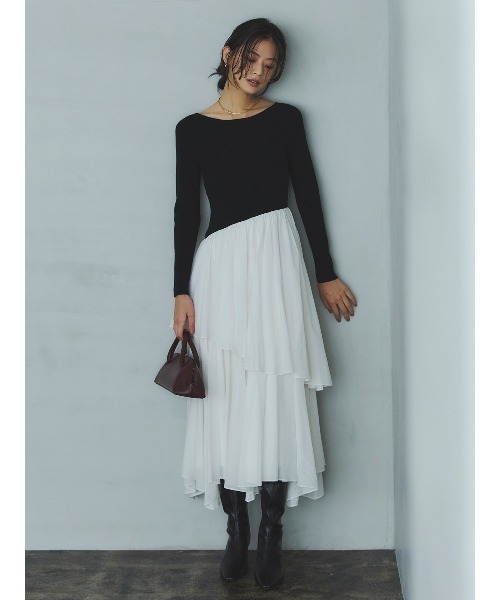 ボートネックイレギュラーヘムドッキングニットワンピース（ワンピース