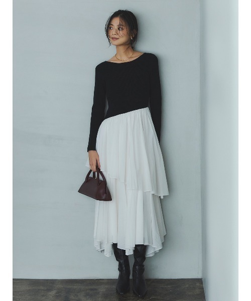 ボートネックイレギュラーヘムドッキングニットワンピース（ワンピース