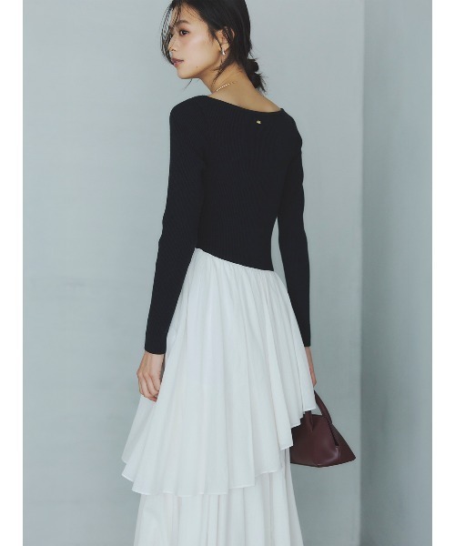 ボートネックイレギュラーヘムドッキングニットワンピース（ワンピース