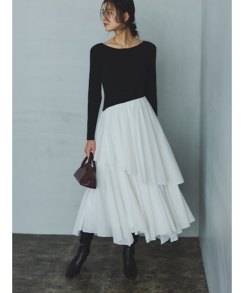 ボートネックイレギュラーヘムドッキングニットワンピース（ワンピース