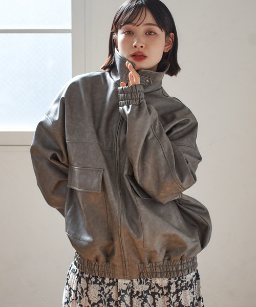 Remind me and forever（リマインドミーアンドフォーエバー）の「ヴィンテージ加工合皮ブルゾン（ライダースジャケット・レディース・ブラック/アイボリー/グレー/ブラウン・FREE）」の3枚目の写真