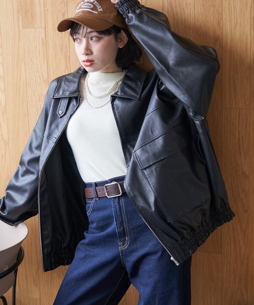 Remind me and forever（リマインドミーアンドフォーエバー）の「ヴィンテージ加工合皮ブルゾン（ライダースジャケット・レディース・ブラック/アイボリー/グレー/ブラウン・FREE）」の2枚目の写真