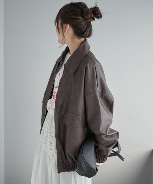 Remind me and forever（リマインドミーアンドフォーエバー）の「ヴィンテージ加工合皮ブルゾン（ライダースジャケット・レディース・ブラック/アイボリー/グレー/ブラウン・FREE）」の7枚目の写真