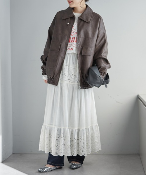 Remind me and forever（リマインドミーアンドフォーエバー）の「ヴィンテージ加工合皮ブルゾン（ライダースジャケット・レディース・ブラック/アイボリー/グレー/ブラウン・FREE）」の9枚目の写真