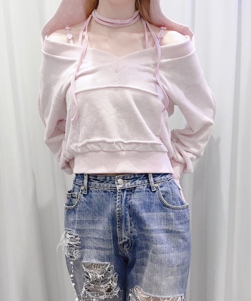 MILK ミルク ピンク キャミソール ポンポン チャーム付き リボン ピンクピンクピンク PINK PINK PINK コットン100％胸元レース