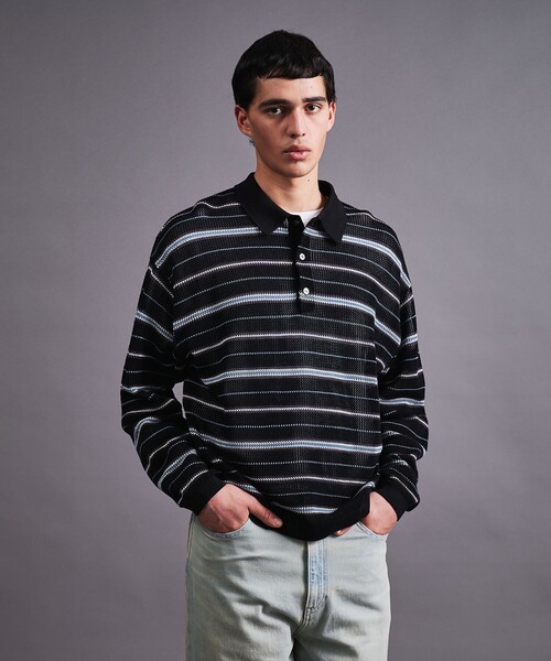 MONKEY TIME（モンキータイム）の「グリッター シルケット USAコットン ボーダー ポロシャツ（ポロシャツ・メンズ・ピンク/ブラック・S/M/L/XL）」の2枚目の写真