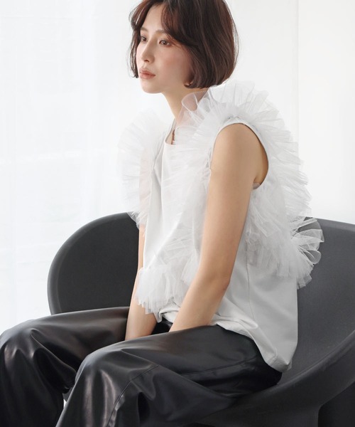 ELFRANK（エルフランク）の「2WAYチュールドッキングカットソー（Tシャツ/カットソー・レディース・ブラック/オフホワイト・FREE）」の4枚目の写真