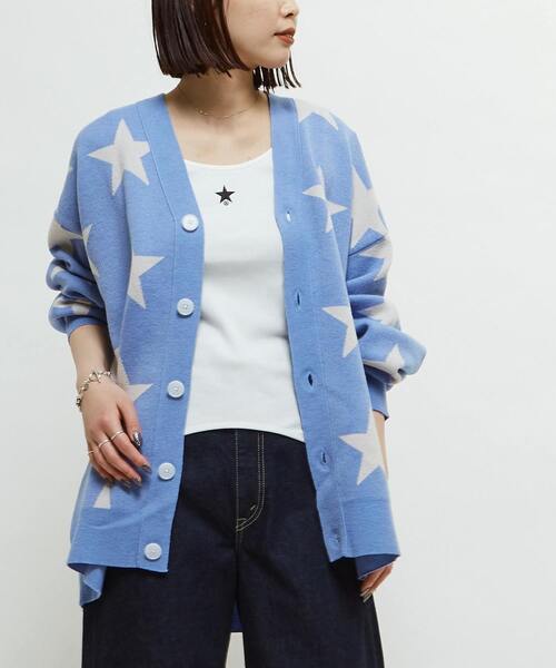 CONVERSE TOKYO(コンバーストウキョウ)の「STAR★ JACQUARD KNIT CARDIGAN(カーディガン/ボレロ・レディース・ピンク/杢グレー/サックスブルー・MEDIUM/SMALL)」の1枚目の写真