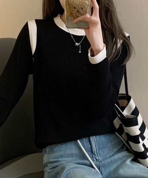 BANICO（バニコ）の「【Banico】カラーコンビネーション長袖トップス（Tシャツ/カットソー・レディース・ベージュ/ネイビー/イエロー/ホワイト/ブラック・FREE）」の3枚目の写真