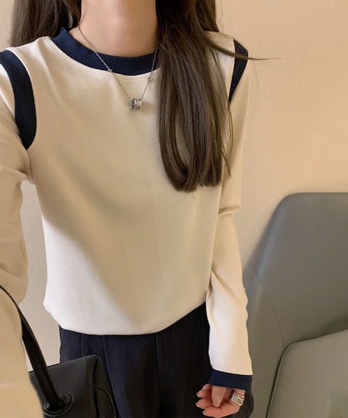 BANICO（バニコ）の「【Banico】カラーコンビネーション長袖トップス（Tシャツ/カットソー・レディース・ベージュ/ネイビー/イエロー/ホワイト/ブラック・FREE）」の6枚目の写真