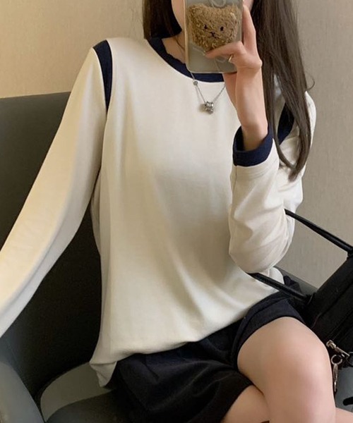 BANICO（バニコ）の「【Banico】カラーコンビネーション長袖トップス（Tシャツ/カットソー・レディース・ベージュ/ネイビー/イエロー/ホワイト/ブラック・FREE）」の7枚目の写真