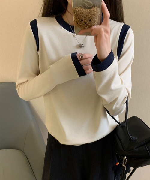 BANICO（バニコ）の「【Banico】カラーコンビネーション長袖トップス（Tシャツ/カットソー・レディース・ベージュ/ネイビー/イエロー/ホワイト/ブラック・FREE）」の9枚目の写真