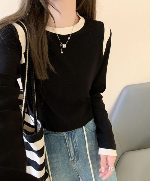 BANICO（バニコ）の「【Banico】カラーコンビネーション長袖トップス（Tシャツ/カットソー・レディース・ベージュ/ネイビー/イエロー/ホワイト/ブラック・FREE）」の14枚目の写真